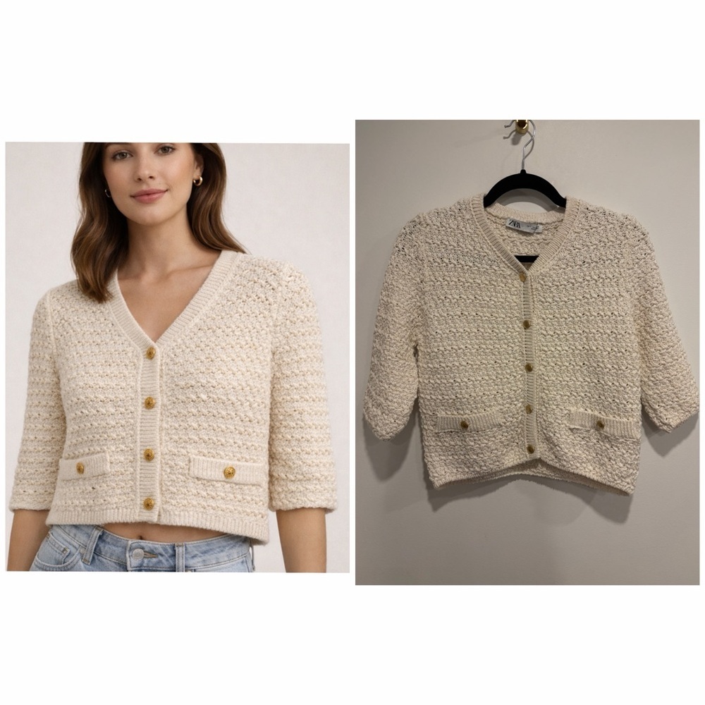 Zara Cream Textured Knit Cardigan Gold Button Cropped Size S